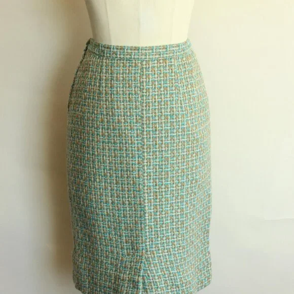 Vintage 1960s Skirt, Majestic Specialties Tweed Check or Plaid Wool Pencil Skirt